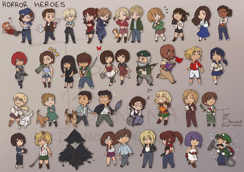 A line up of chibi fan art of horror game characters 
From left to right:
- Jill Valentine and Barry Burton from Resident Evil
- Harry Mason and Cybil Bennett from Silent Hill 
- Claire Redfield and Leon Kennedy from Resident Evil 2
- James Sunderland and Maria and dog from Silent Hill 2 
- Alyssa Hamilton from Clock Tower 3 
- Miku Hinasaki from Project Zero 
- Jennifer Simpson from Clock tower 
- Ashley Thompson from ObsCure 
- Regina from Dino Crisis
- Jill Valentine from Resident Evil 3
- Misako and Kyouya Suda from Forbidden Siren
- Mio and Mayu Amakura from Project Zero 2
- Bill and Coach from Left 4 Dead
- Sam from Until Dawn
- Ayumi Shinozaki from Corpse Party
- Fiona and Hewie the dog, from Haunting Ground
- Jennifer and Brown the dog, from Rule of Rose
- Shu Mikami, Tsukasa the dog and Soji Abe from Forbidden Siren 2
- Olivia from Fear and Hunger 2
- Ashley Graham from Resident Evil 4
- Alyssa Ashcroft from Resident Evil Outbreak
- Rebbeca Chambers from Resident Evil 0
- Rei Kurosawa from Project Zero 3
- Heather Mason from Silent Hill 3
- Eileen the crow from Bloodborne
- Henry Townsend and Eileen from Silent Hill 4
- Aya Brea from Parasite Eve
- Claire Redfield from Resident Evil: Code Veronica
- Mara Forrest from Crow Country
- Luigi from Luigi's mansion