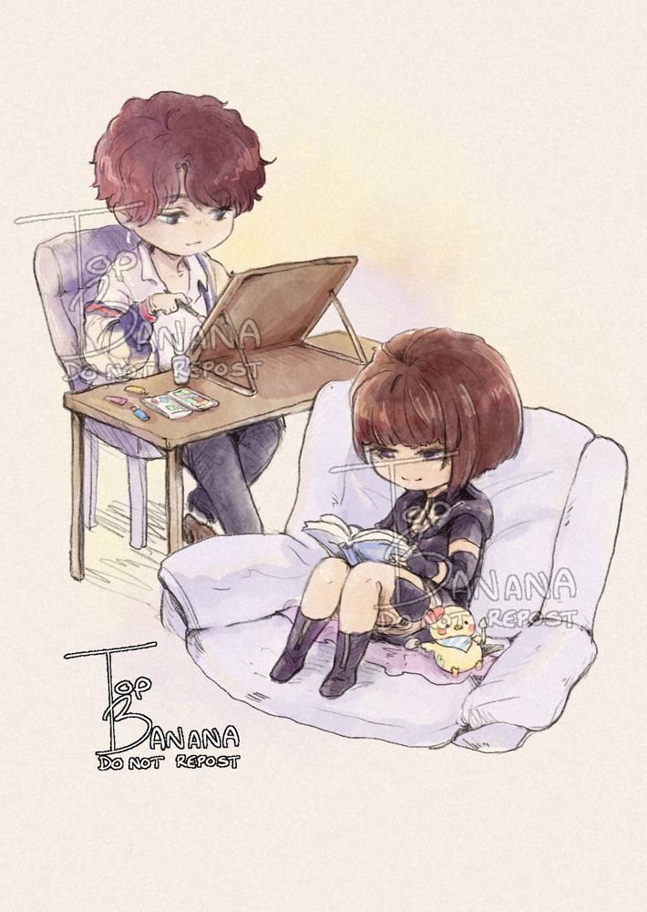 Patreon sketch Commission:
A colour chibi sketch commission of two characters spending time together, one on the left with pink-ish shot wavy hair is at his desk painting.
The other on the right has a reddish brown bob, is sitting down and reading, with a plush duck.