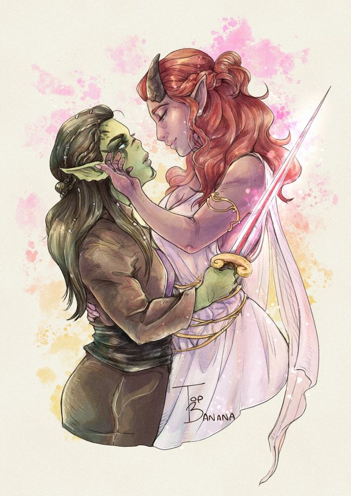 Half body commission of two characters tenderly holding onto one another.
On the left is a dark haired gith woman, wearing leather gear and holding a glowing sword.
On the right is the taller, teifling-like woman, weith pink skin, red hair and short dark horns in a white greek style dress.