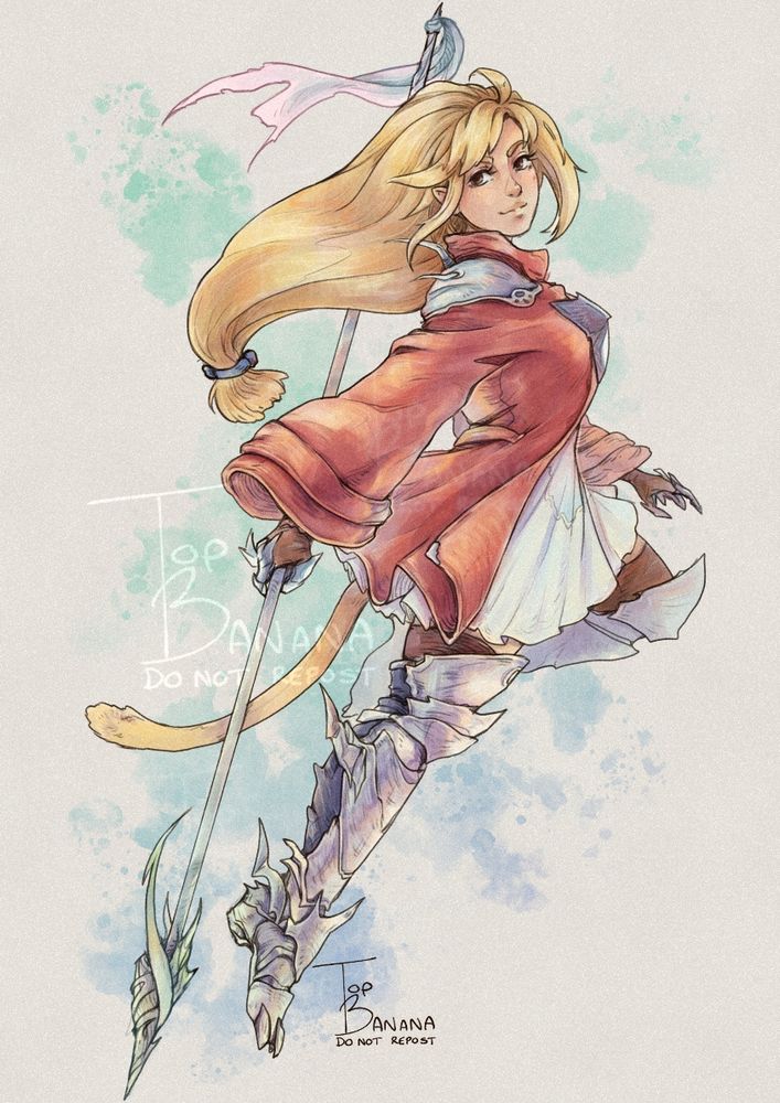 Full body commission of a blonde haired woman with a monkey tail, mid jump, wearing dragoon armour styled after Freya's from FF9 