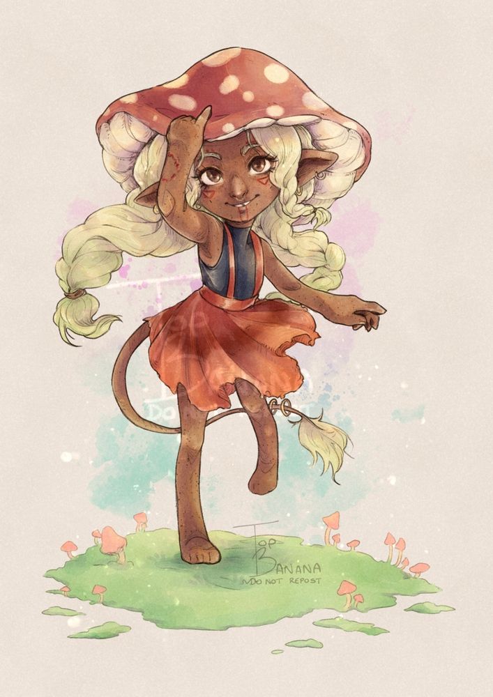 Fill body commission of a petite femme character with light brown skin, covered in freckles and red markings on their face; plus cute oversized pointed ears. They have long plaited light blonde hair and a tail that has a tuft of similarly coloured hair. 
They're wearing a tattered red skirt with straps and a sleeveless black turtleneck. Most importantly is their huge mushroom hat.