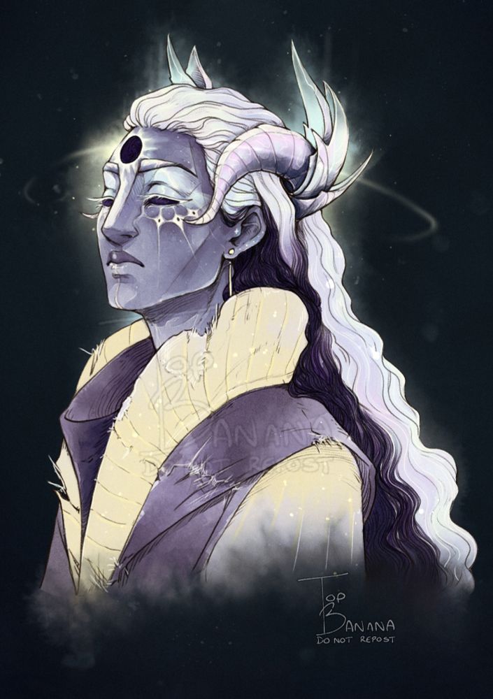A portrait with a dark background of a person with a stoic expression, eyes that look like the night sky; purple, starburst like skin with star features around their cheeks an an glowing eclipse on their forehead. The have long wavy opalescent hair that is deep purple underneath. 
The have two opal horns curling to their cheekbones that have some of  layers peeled back like petals.