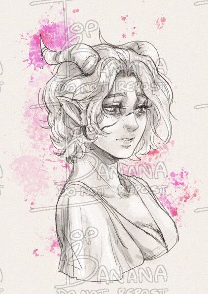Patreon sketch Commission:
A Monochrome portrait sketch commission of a tired, downcast teifling woman with short wavy hair, horns curling back and a scar over her face. 
A bright pink watercolour splash in the background.