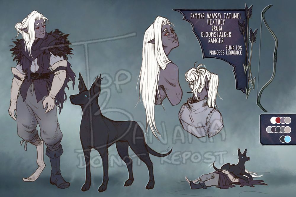 Character reference sheet with an outfit breakdown.

Text reads: Pymmyr Hansel Tathnel, He/They, Drow, Gloom stalker Ranger.
Blink Dog, Princess Liquorice. 

The character is of my sad drow, Pym. His long white hair is mostly tied back in a bun, with some falling to the side of his face; red eyes and three large scars across his mouth. 
He also has a prosthetic leg from the knee down (his right)

He's wearing grey shirt and trousers with his gloves, waistcoat and cloak.

He's also standing next to his blink dog, Princess Liquorice, who is based off a pharoh hound.

There is two headshot sketches of Pym, showing his hair down, and hair up as seen from the back. 
The the bottom is a sketch of how Pym sleeps - With princess liquorice laying over his face. 
To the far right is a sketch of his short bow and arrows.
