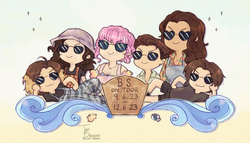 Art of me and my dnd group, Beyond Skeletons, in a row, all wearing sunglasses. 
below is a plaque with waves along the bottom and two pufferfish.
text reads:
B.S on tour 9/6/23 - 12/6/23