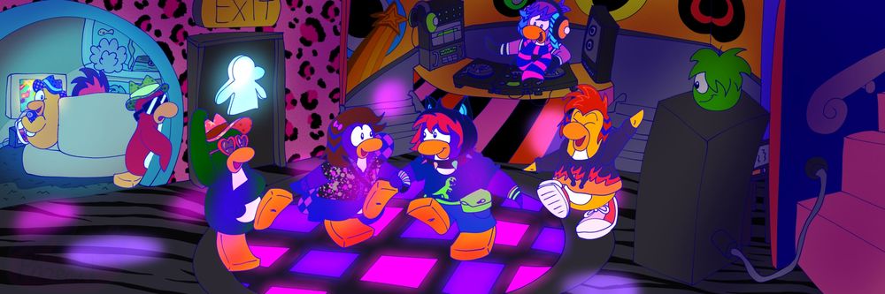 Club Penguin art by Wockytism Featuring Eddy Mcfood Maple Flonne Cadence Dot and the Penguin band partaying it up in the sceen party!