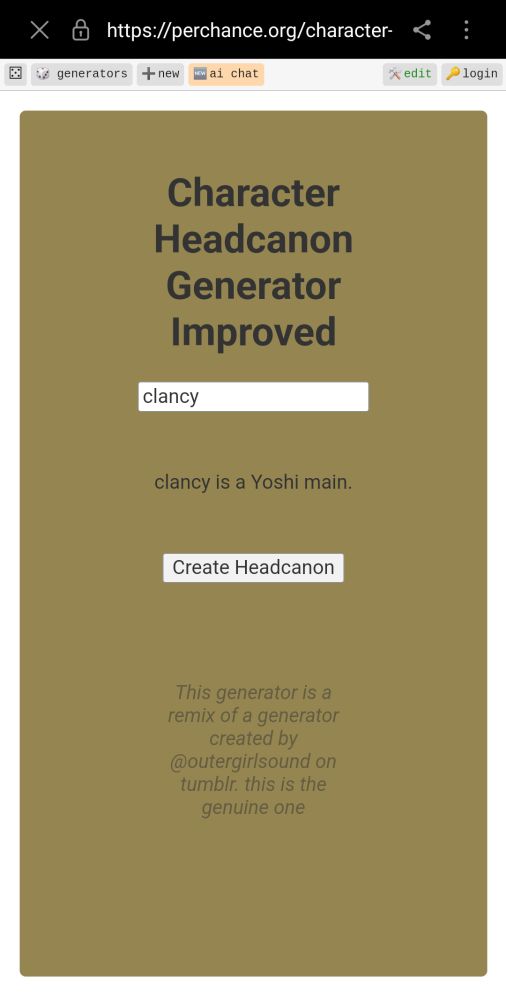 a screenshot, the header says "charafter headcanon generator improved". the entered name is clancy, and the headcanon is " clancy is a yoshi main " (like the guy from mario). 