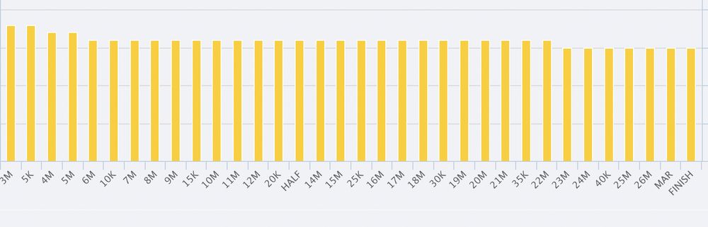 A slightly fast first 4 miles, followed by 18 miles of exactly the same pace. The pace is ever so slightly slower coming through mile 23, but stays consistent through the end of the race from there.