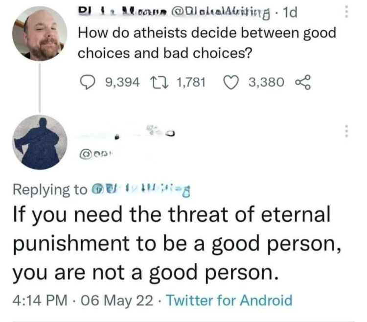 Screenshot of Twitter conversation

Person 1: How do atheists decide between good choices and bad choices?

Person 2: If you need the threat of eternal punishment to be a good person, you are not a good person.