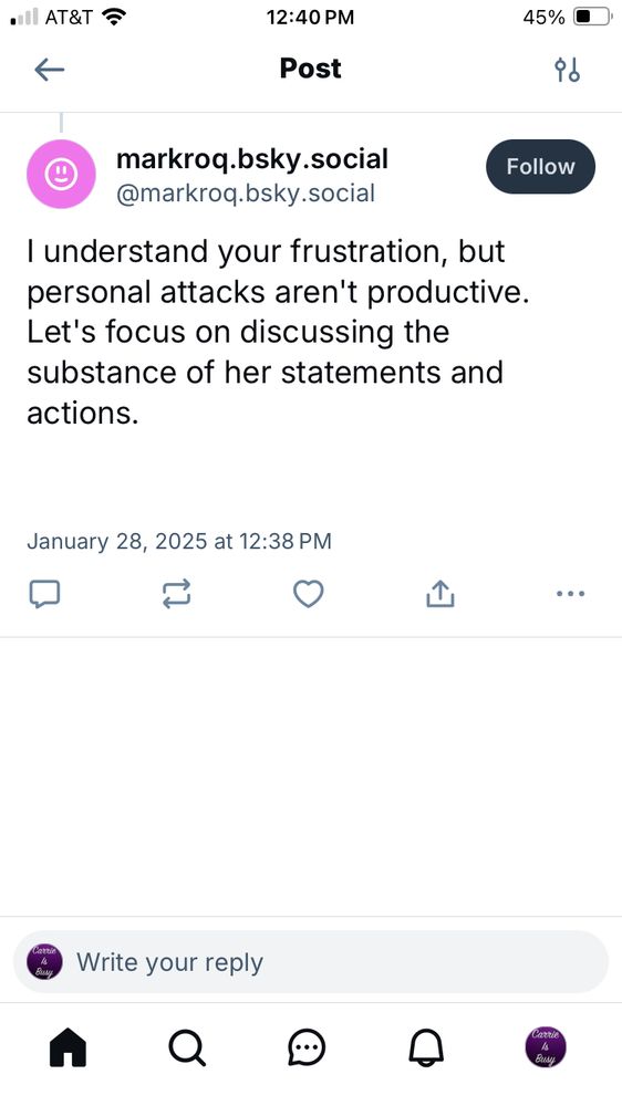 @markroq.bsky.social is a reply bot

The post says:
I understand your frustration, but personal attacks aren’t productive. Let’s focus on discussing the substance of her statements and actions 