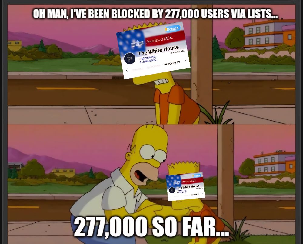 The White House official Bluesky account in the spirit of Bart Simpson complaining about being blocked by 277,000 users, with Homer Simpson consoling him that it is only 277,000 So Far...