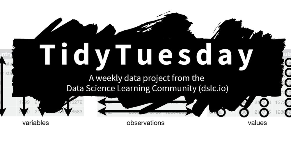 Logo for the #TidyTuesday Project. The words TidyTuesday, A weekly data project from the Data Science Learning Community (dslc.io) overlaying a black paint splash.