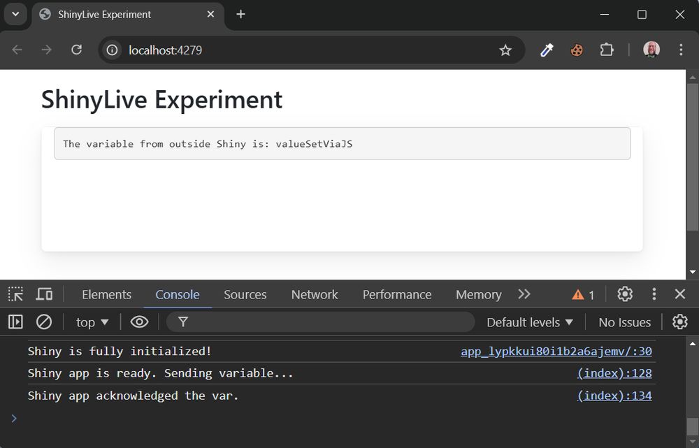 A web browser with a document titled "ShinyLive Experiment" at localhost:4279. The document has an embedded shinyLive element, displaying text "The variable from outside Shiny is: valueSetViaJS". The developer console is open, with messages "Shiny is fully initialized!", "Shiny app is ready. Sending variable...", and "Shiny app acknowledged the var."