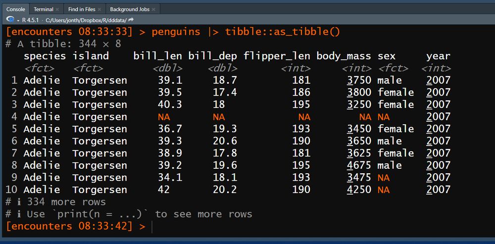 An RStudio console pain showing a prompt with the word encounters and the time 8:33:33. The prompt runs this code:
penguines |> tibble::as_tibble()
The console displays the penguins dataset as a tibble, then a new propmpt with the word encounters then the time 8:33:42.