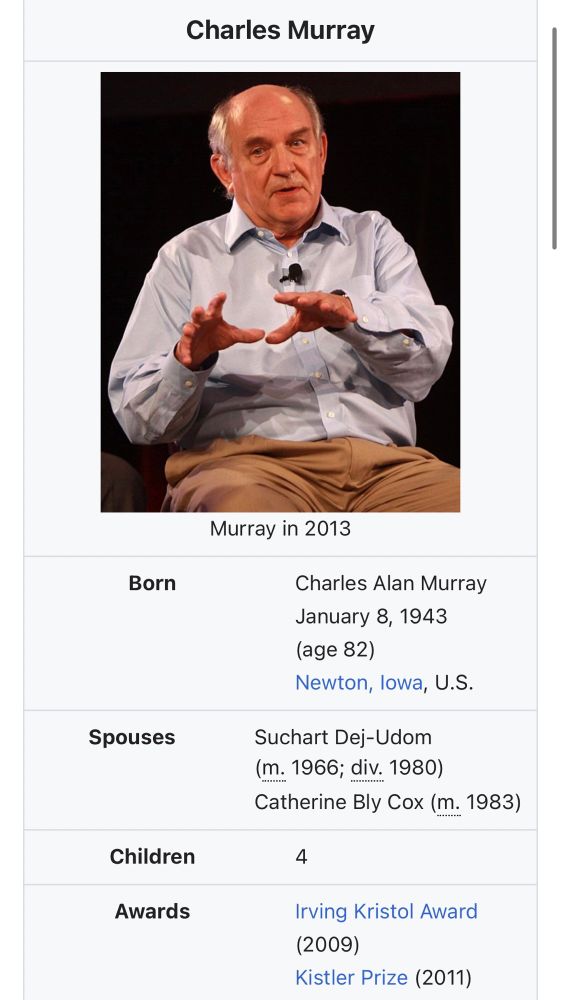 Born
Spouses
Children
Murray in 2013

Charles Alan Murray
January 8, 1943
(age 82)
Newton, lowa, U.S.
Suchart Dei-Udom
(m. 1966; div. 1980)
Catherine Bly Cox (m. 1983)
4
Awards
Irving Kristol Award
(2009)
Kistler Prize (2011)
