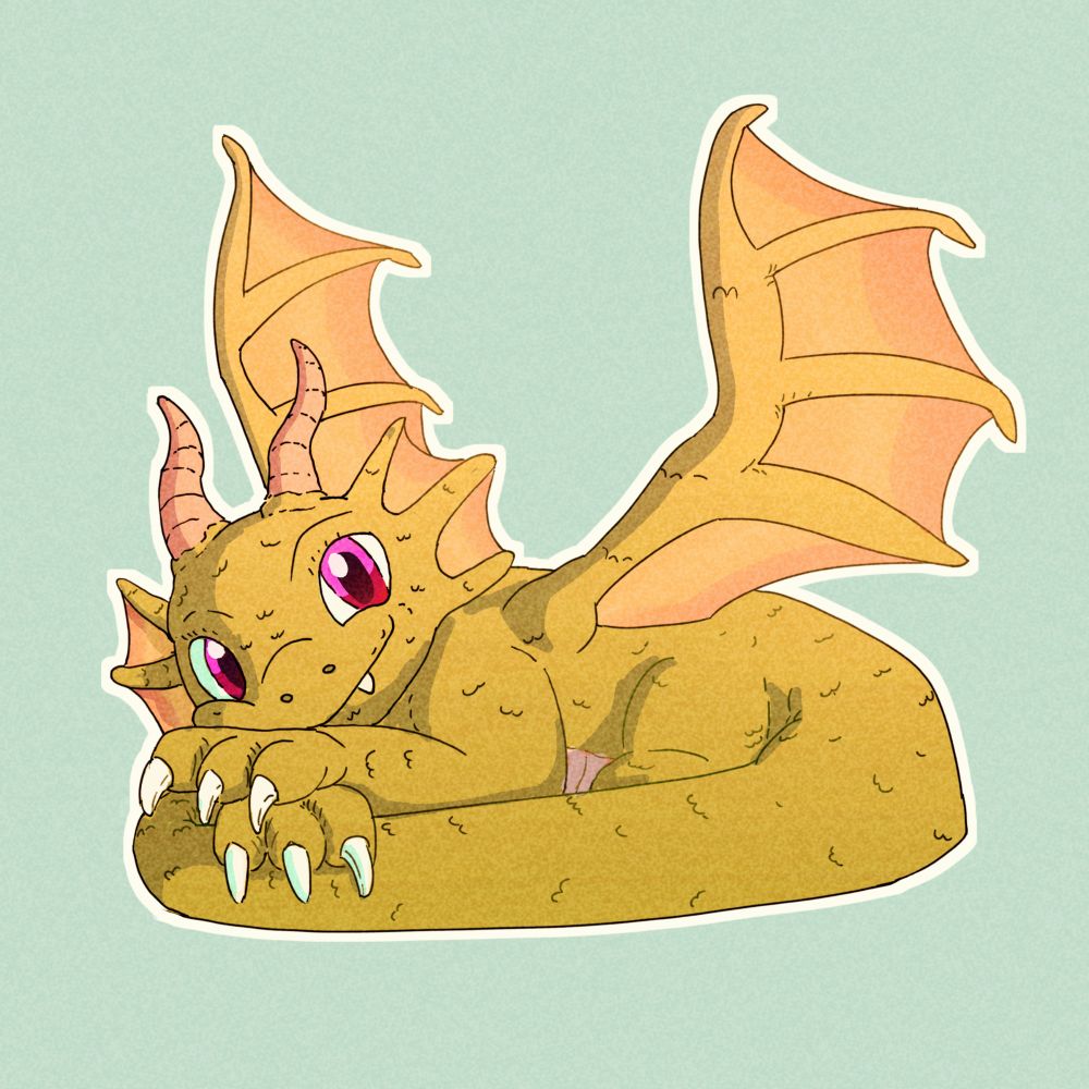 Green and Yellow cute dragon with pink eyes and a big and friendly smile.
