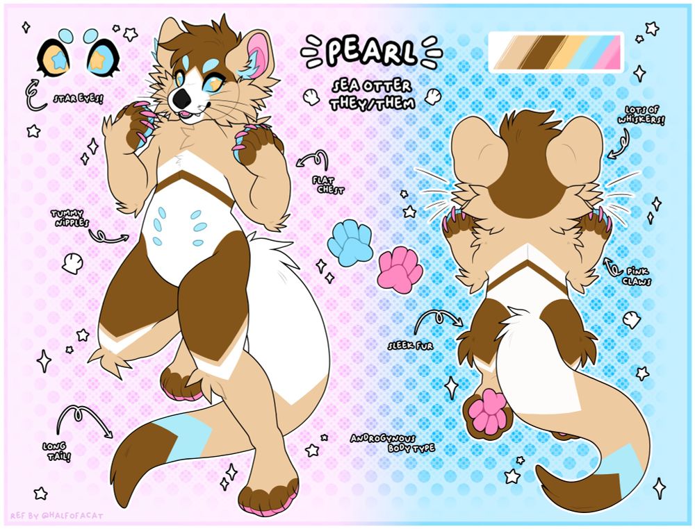 A reference sheet of a brown and blue otter with star shaped eyes named Pearl