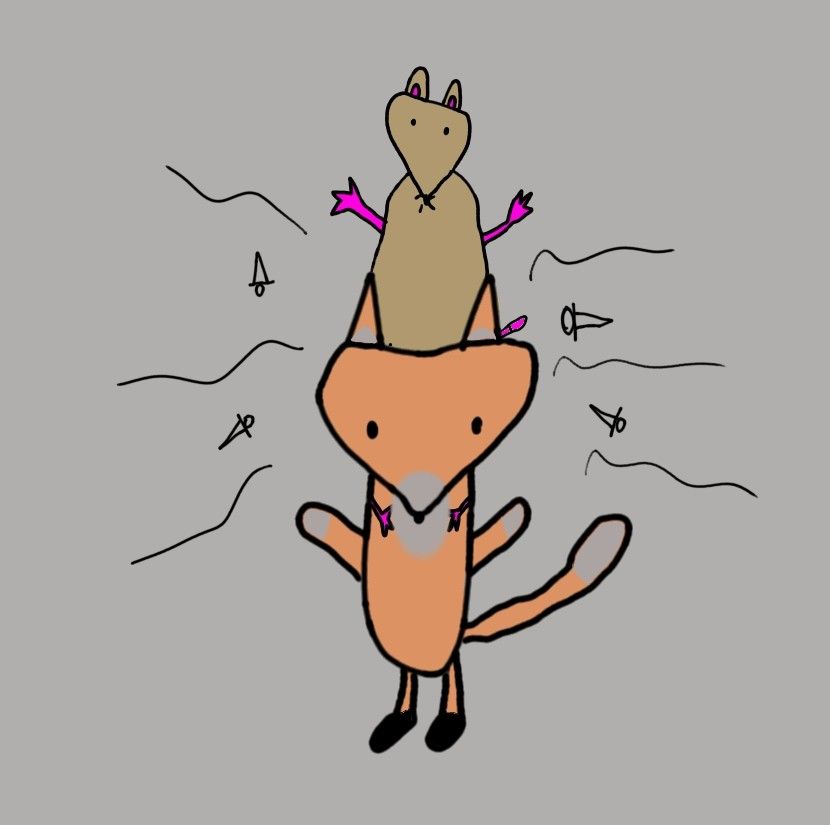 A tan mouse sits on the shoulders of a red fox. The mouse has pink arms and legs. The fox has white tufts on thier hands, tail, ears, face and chest. There are action lines and daggers shooting out from the two of them.