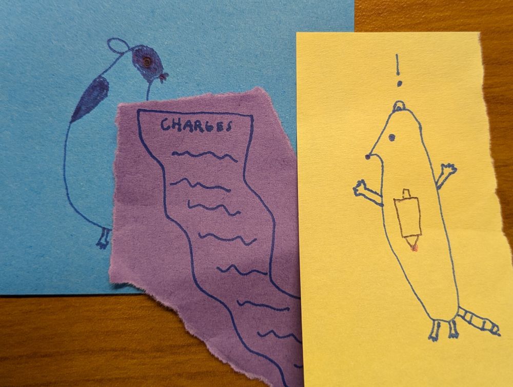 A collage of three post-it notes. On the left most furthest one back, which is a blue post-it, is a guinea pig holding the purple post-it note, the middle post-it, which is a document that says "Charges" at the top and is very long as to be continuing off the post-it. The rest of the document is scribbles and does not say anything. The right most and top-most post-it is yellow and depicts a mouse with their hands up and an exclamation point over their head to show their surprise. They have a hand-held pile bunker strapped to their side. The pile has a bit of blood on it.