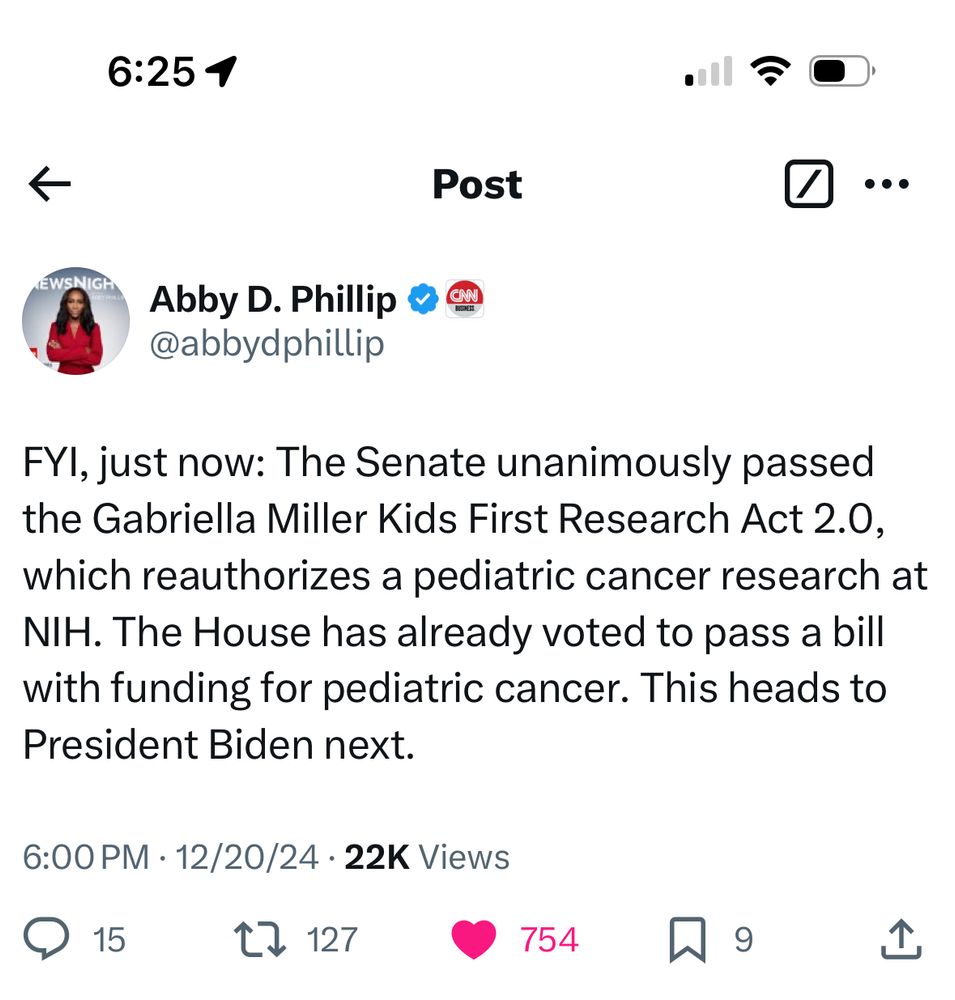 Pediatric Cancer Research bill passes in the senate.  Headed to Biden for approval. 