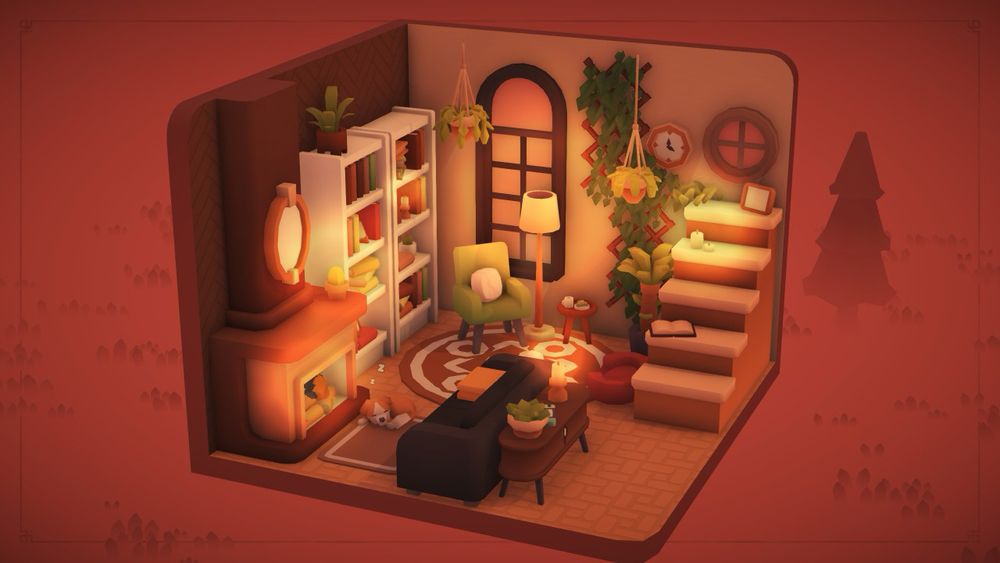 A cozy book room filled to the brim with different shades of browns and creams. Warmly lit up by the light of several candles and a fireplace. Books and decor line the bookcases and there are several plants around the room, hanging from the ceiling, and ivy growing along the wall. Cozy reading spaces like a green armchair and a black couch. A puppy slumbers next to the fireplace.