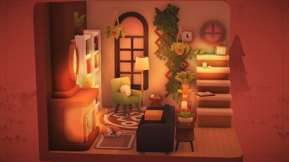 A shot of the same exact room just from a different angle! Previous description: A cozy book room filled to the brim with different shades of browns and creams. Warmly lit up by the light of several candles and a fireplace. Books and decor line the bookcases and there are several plants around the room, hanging from the ceiling, and ivy growing along the wall. Cozy reading spaces like a green armchair and a black couch. A puppy slumbers next to the fireplace.