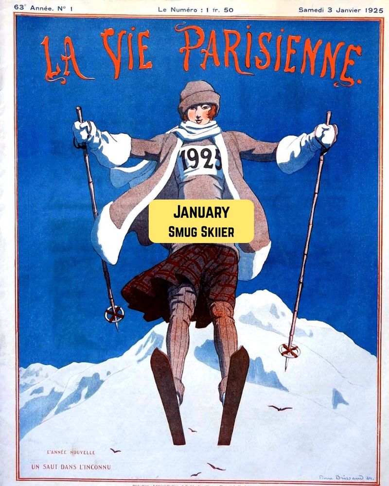 Cover showing skier with 1925 on her jumper in mid flight, skiing