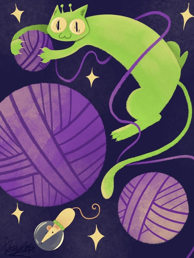 illustration depicting an alien cat playing with planet-sized balls of yarn. 