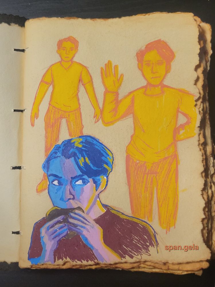 a set of three sketchbook illustrations of twitch streamer Jerma985