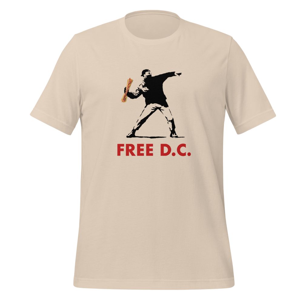 A tshirt reading "FREE D.C." with an image of a man throwing a sandwich