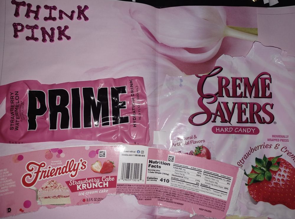 A Prime drink label in dark pink, a Friendly's label and a Ceme Savers package all on pink tulips background.  Magenta letters in the upper luft read 'think pink'