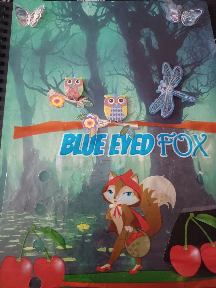 Woodland creatures in a swamp with a green background. Prominently featured is a blue eyed fox a la Little Red Riding Hood carrying a basket of cherries looking at us.