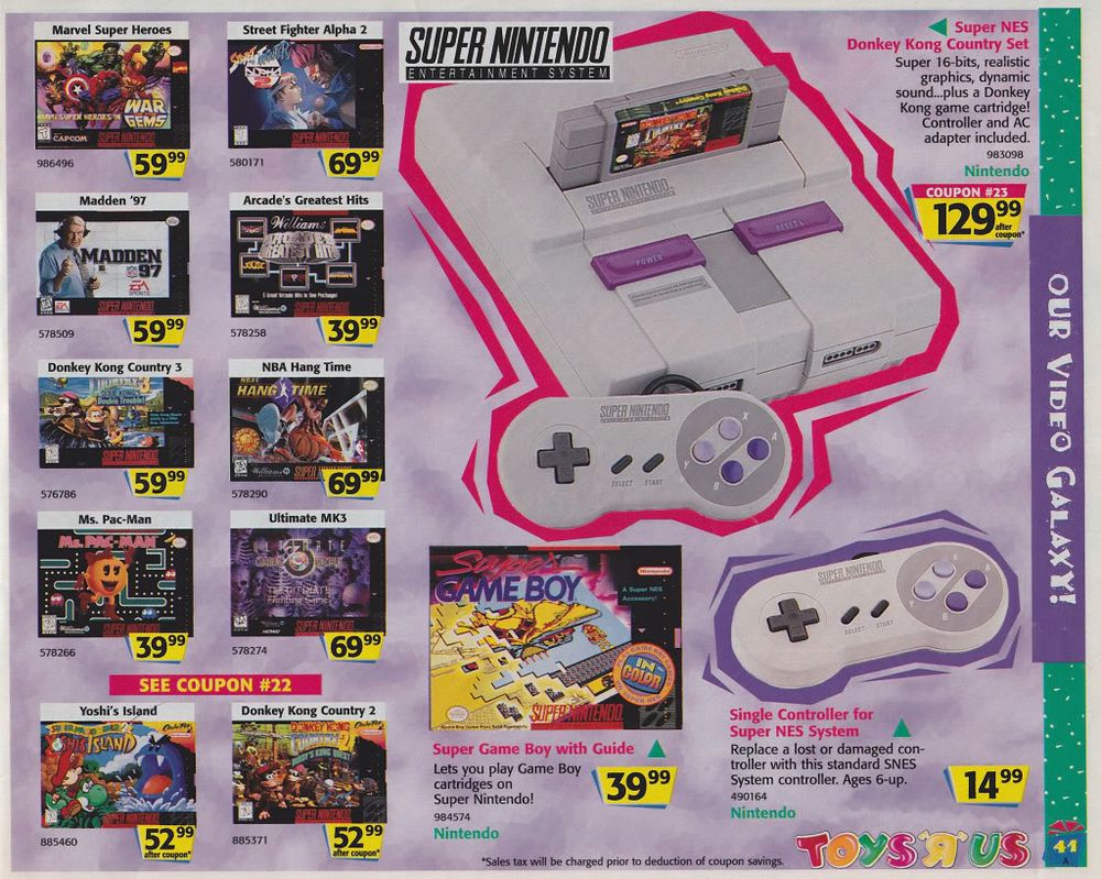 Old Toys R Us print ad of Super Nintendo games costing between $40 and $70 each. 