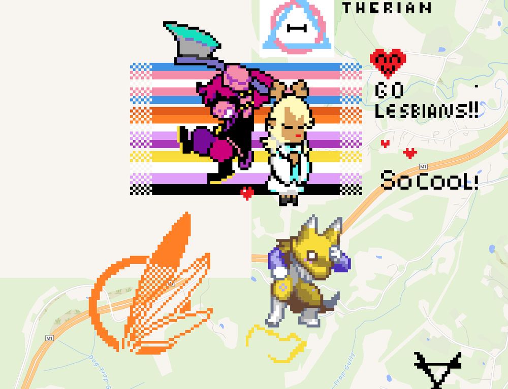 A series of pictures on wplace.live. From top to bottom, a thetadelta in trans colors, a mural of Susie and Noelle from Deltarune in front of the trans, lesbian, and nonbinary pride flags, an in-progress avali symbol, and a startled Renamon from Digimon World 3. To the side are some messages and hearts complimenting the art. 