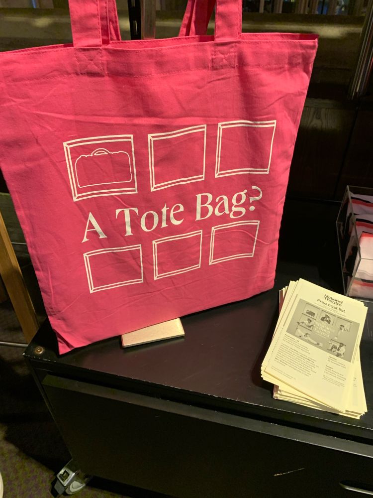 A dark pink tote bag. The print on the side of the tote bag has six white squares like little window or picture frames. Five are empty, one contains a handbag. The frames are arranged in two rows of three. In between the two rows of frames, it says “A Tote Bag?” which is a reference to the famous “A handbag?” line in An Importance of Being Earnest by Oscar Wilde. 