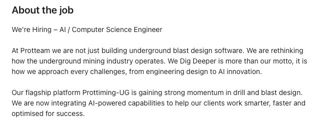 Screenshot of a job ad.  A  mining company that makes explosion modeling software wants to hire an engineer to add AI to their package.