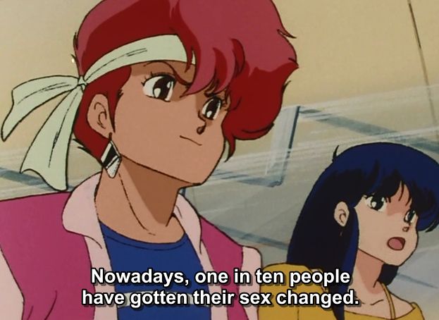 80s anime cell of Kei and Yuri, the Dirty Pair, a redheaded tomboy and blue-haired femme, with Yuri yelling "nowadays, one in ten people have gotten their sex changed!" 