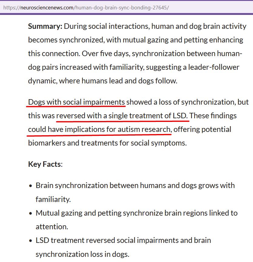 Screenshot of a webpage with the summary of a research paper on neural coupling in humans and dogs. The second parragraph of the abstract mentios how dogs with social impairments hd these reversed with a single treatment of LSD, suggesting it might have implications on autism research.