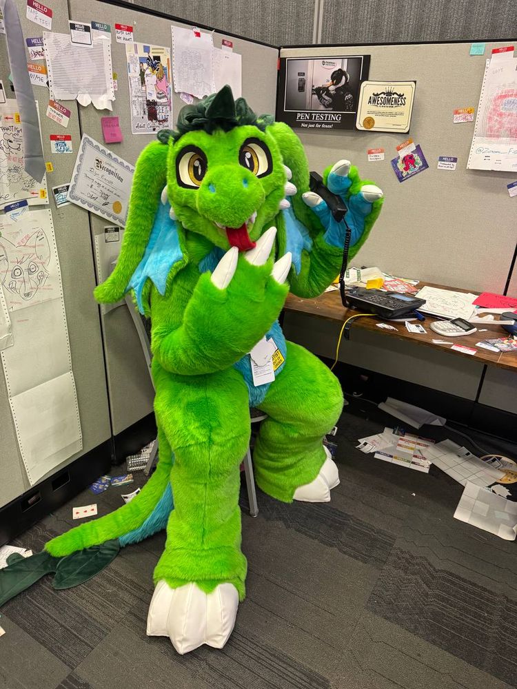 Sprout in fursuit at FC 2025 totally not getting any drawing done like usual.