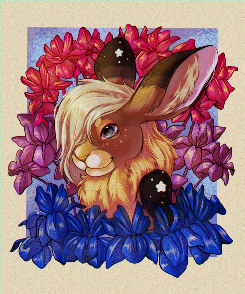 A furry rabbit character with browns and blacks as their primary colors looking towards the camera. Surrounded by Iris which are arranged like in the Bisexual flag.