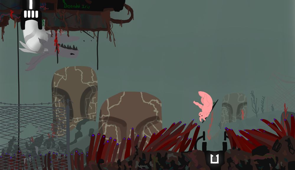 Fan art for the game rain world. Showing a dilapidated environment. A pink slug like creature jumps down towards a pipe while a lizard like creature chases it.