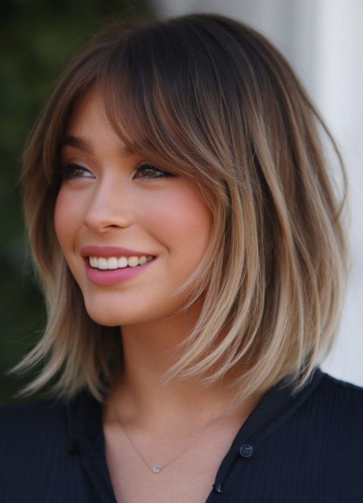 Bob length haircut with curtain bangs and layers