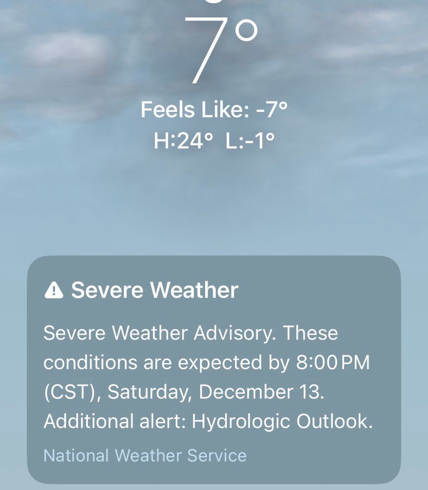 Seven degrees Fahrenheit (-14 c) but feels like negative seven (-21 c)