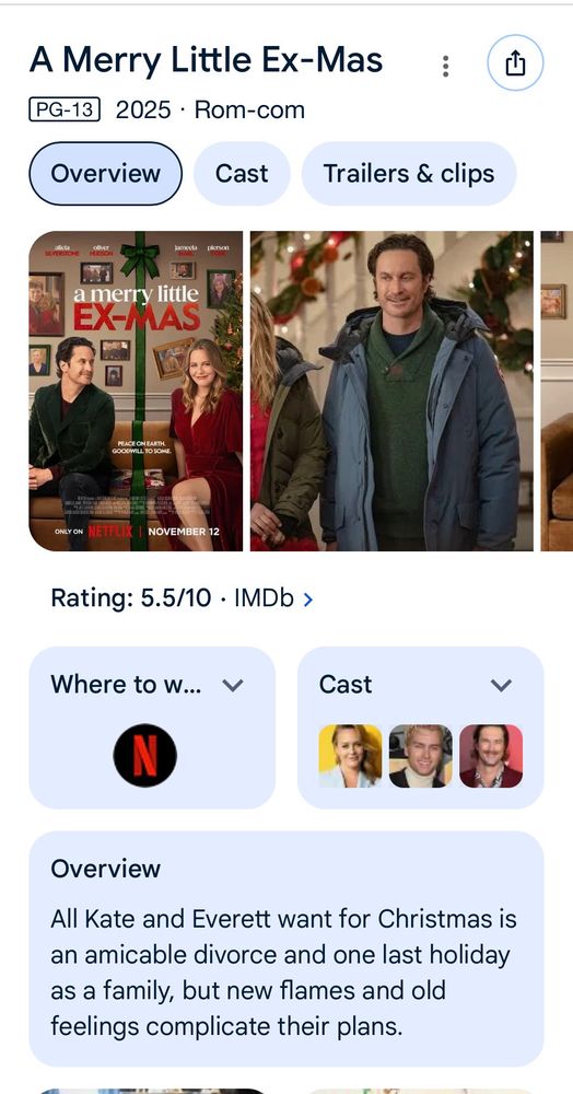 Screenshot of the information for the Netflix movie merry little ex-mas which I’m currently watching