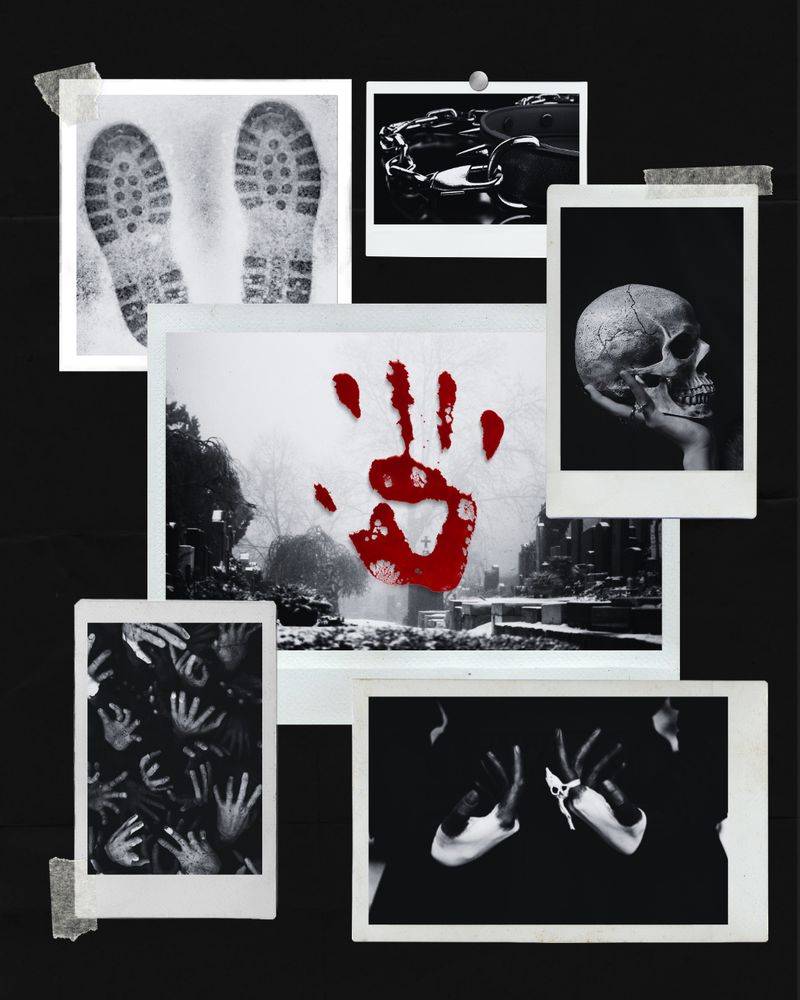 Six images in polaroid-style frames over a black background. A pair of boot prints in the snow, a collar with a chain leash, a hand holding a skull, a pair of pale hands with black fingers, many hands reaching upward, and a snowy graveyard with a bloody hand print overlaid on it.