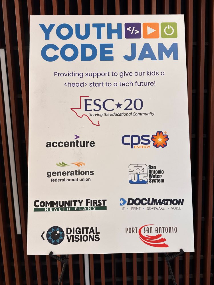Poster listing event funders: ESCRegion 20, Accenture, CPS energy, Generations Federal Credit Union, San Antonio Water System, Community First Health Plans, DOCUmation, Digital Visions, Port San Antonio