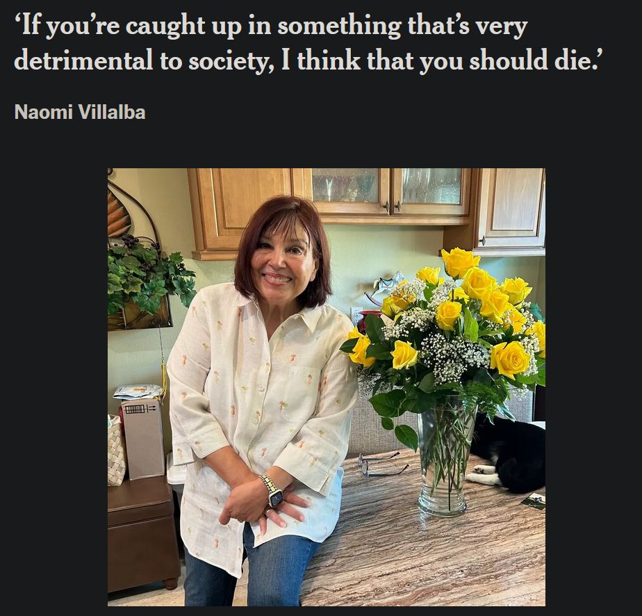 A smiling woman half-perches on a table next to a vase of yellow flowers. Her name is Naomi Villalba. She is quoted as saying, "If you're caught up in something that's very detrimental to society, I think you should die." 