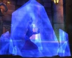 Screenshot of an undead mage in The Undercity, in World of Warcraft, using the spell "Ice Block"
"Ice Block" encases the caster in a block of ice, rendering them immobile but protecting them from all damage.