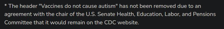 explanatory footnote reads: * The header "Vaccines do not cause autism" has not been removed due to an agreement with the chair of the U.S. Senate Health, Education, Labor, and Pensions Committee that it would remain on the CDC website.