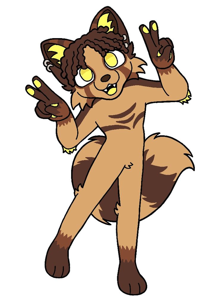 Fullbody drawing of Echosmirage's fursona Bodhi, doing a double peace sign and smiling.